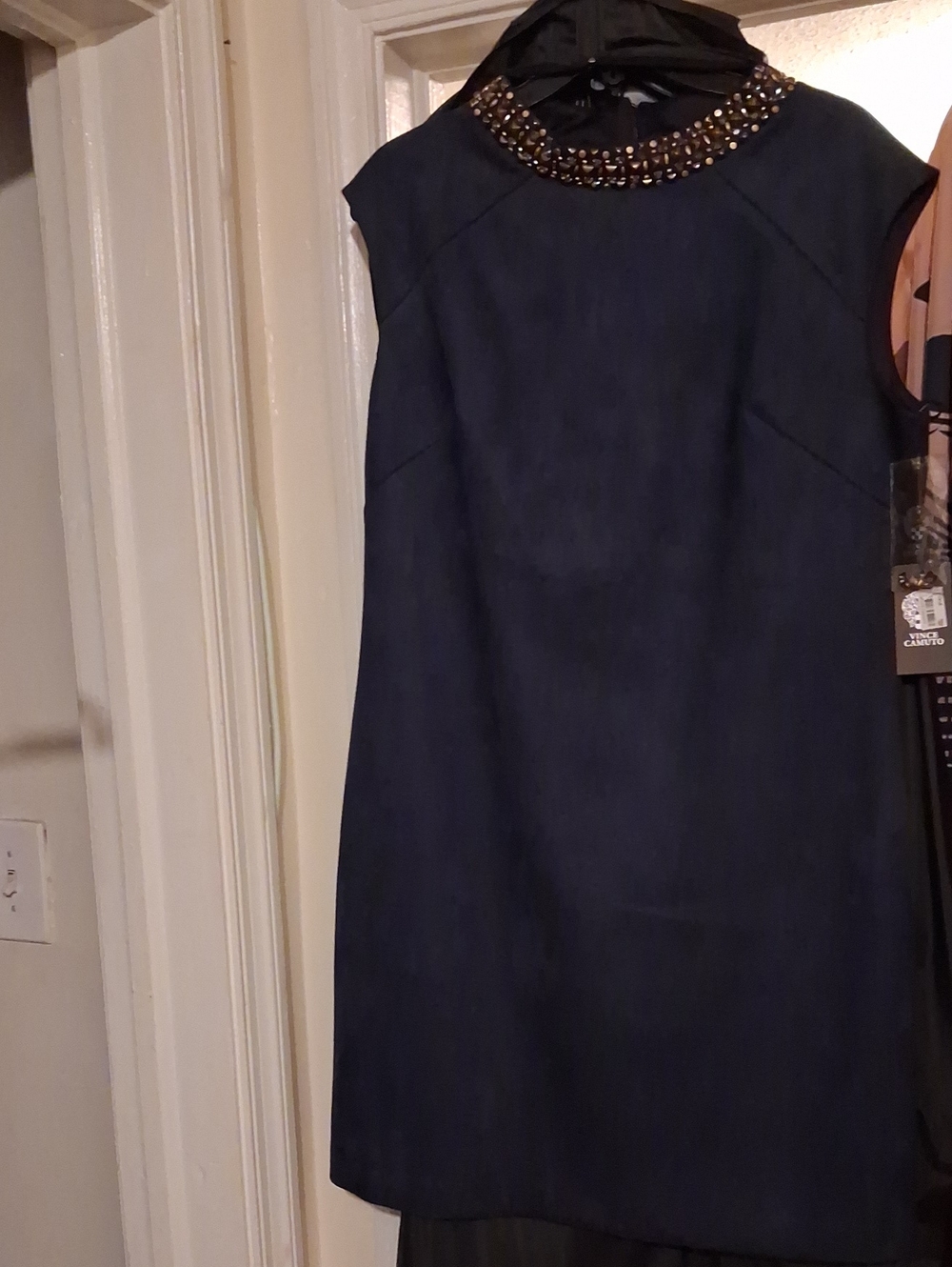 Vince Camuto Navy Sleeveless Midi Dress with Beaded Collar